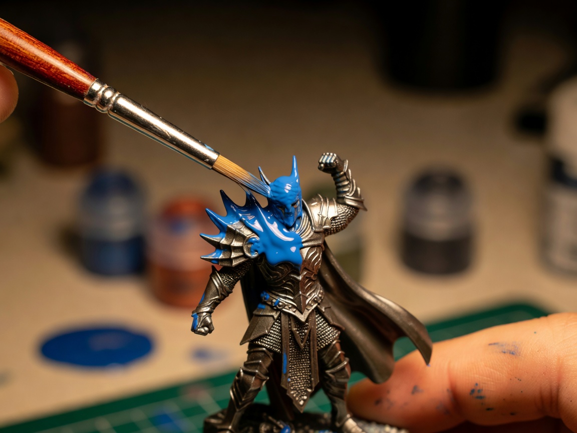 Close up of a paintbrush applying acrylic paint to a miniature fantasy figure