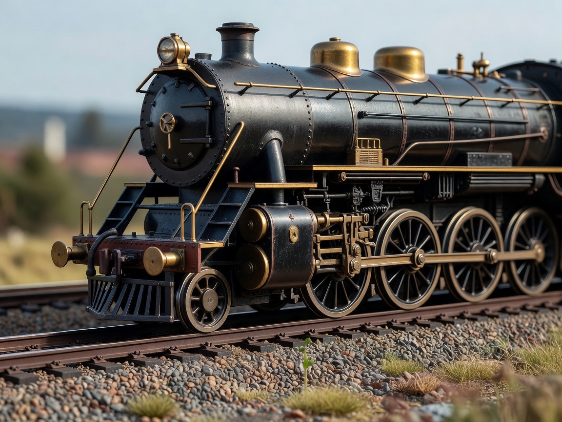 Close up of an HO scale steam locomotive on a highly detailed track