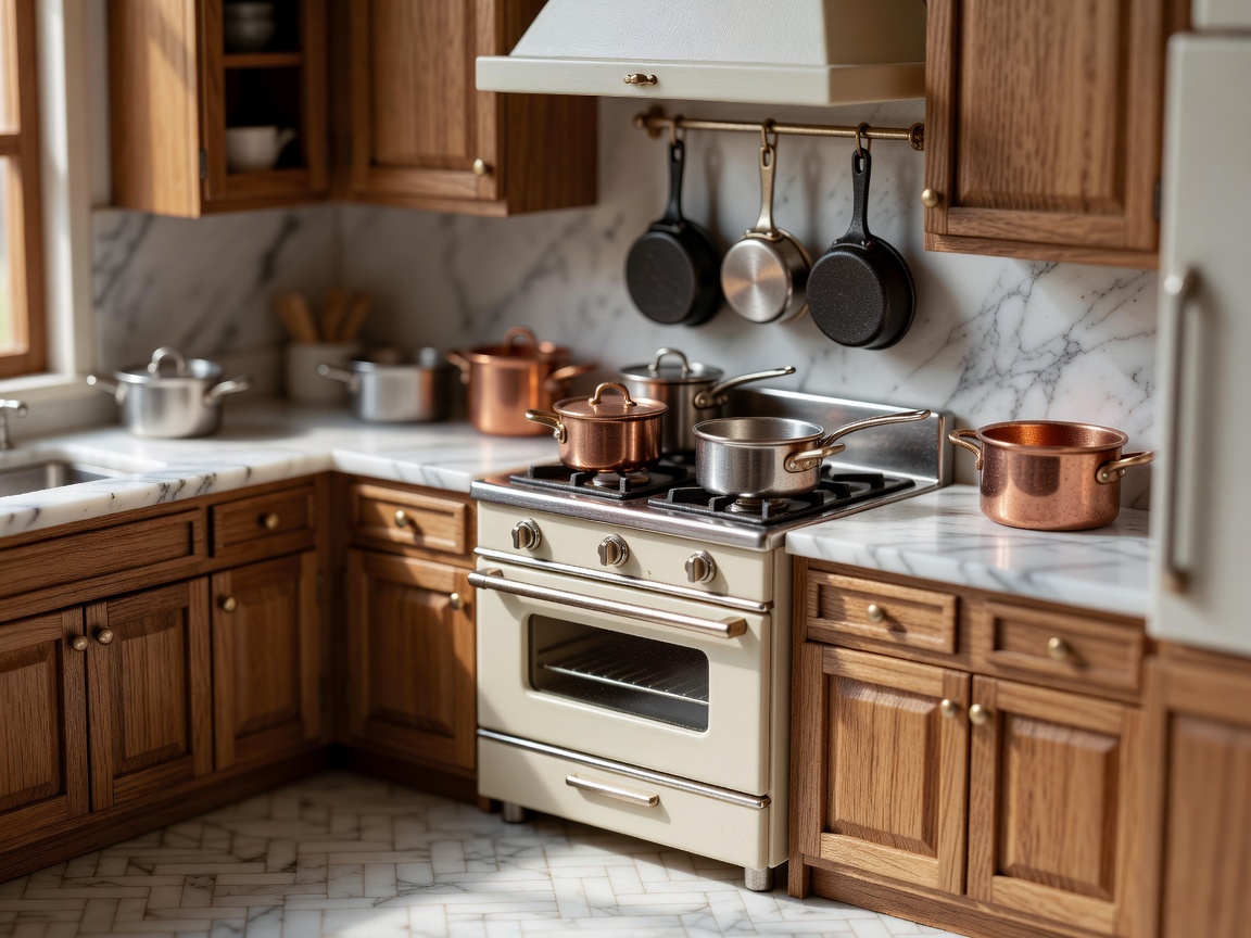 Exquisitely detailed dollhouse kitchen showing tiny pots, pans and a stove