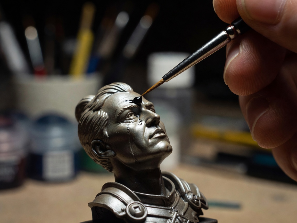 Extreme close up of a detail brush painting the eye of a 28mm scale miniature figure