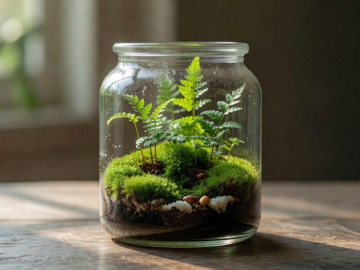 Glass jar containing a closed ecosystem terrarium with moss and ferns