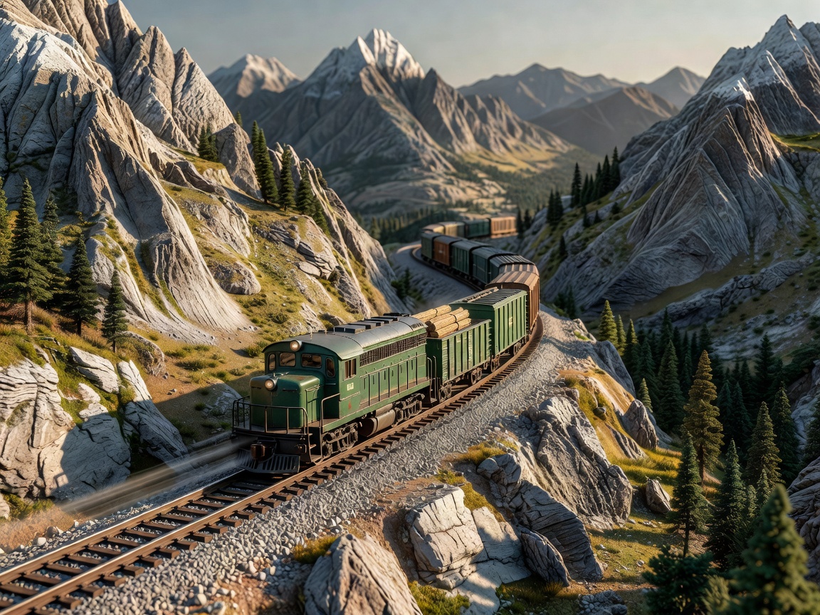 HO scale model train passing through a miniature mountain landscape