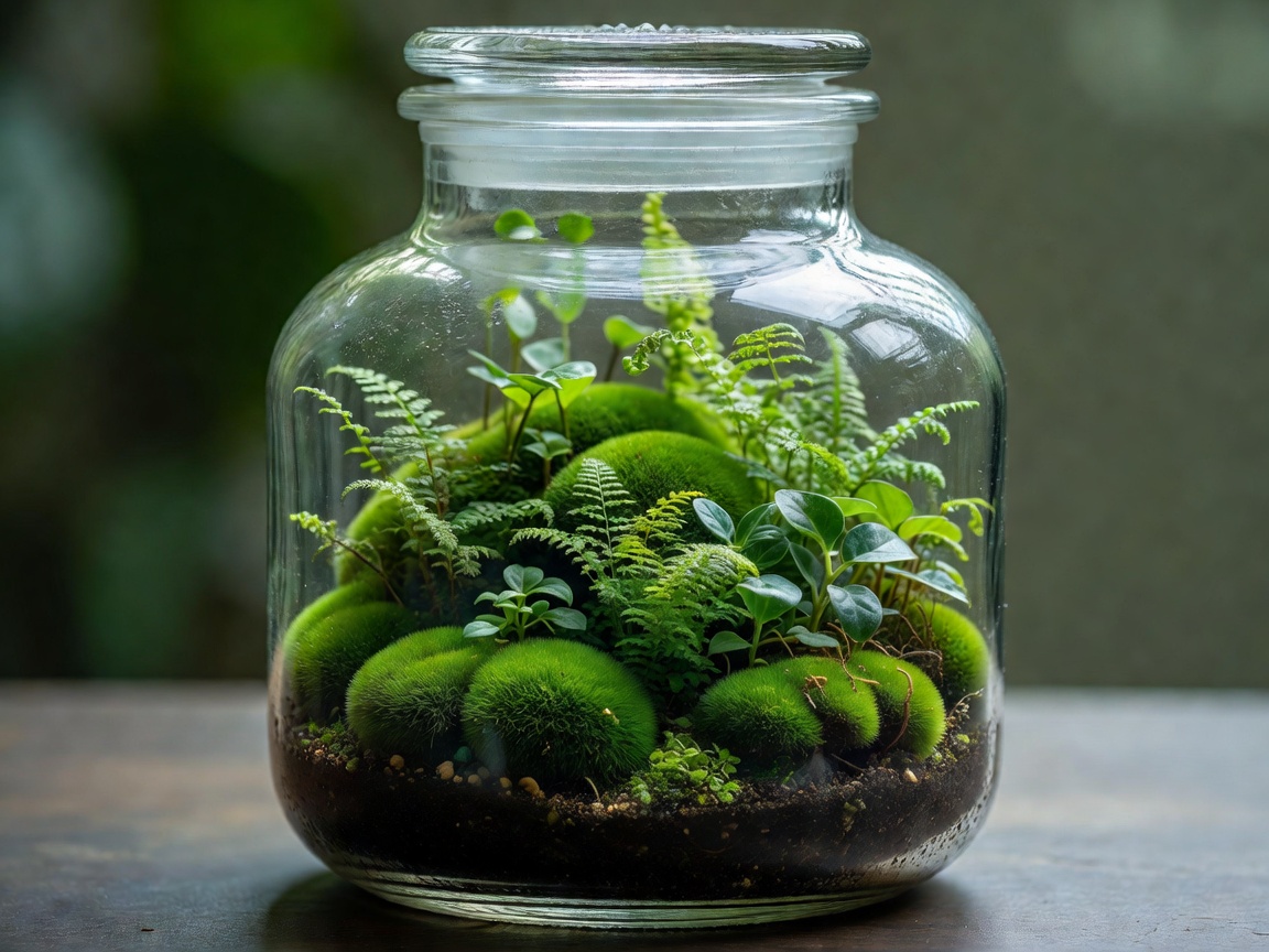 Lush green closed terrarium inside a large glass apothecary jar