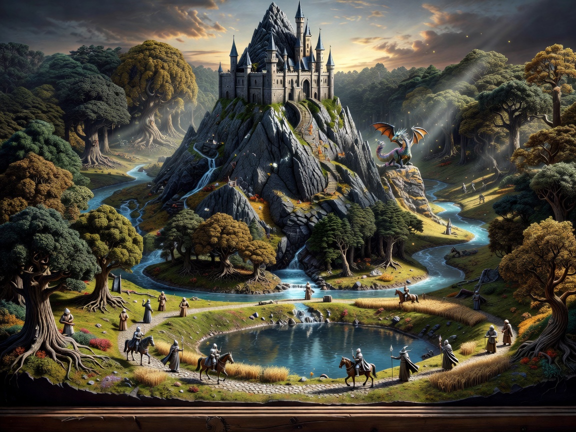 Wide shot of a detailed fantasy diorama